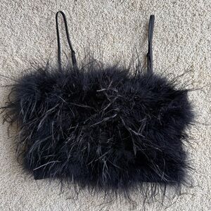 Lucy Paris Feather Trim Crop Top Black Strapless Camisole XS Party Y2K